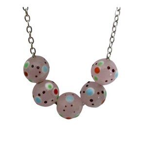 New Pink Polka Dot Art Glass Bead Necklace With 18" Stainless Chain Unique Jewel
